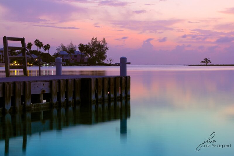 Wooden Dock at Sunset — Purple, Serene, Photograph, Palm Trees