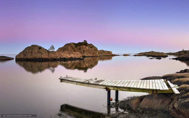 Wooden Dock at Sunset — Purple, Serene, Photograph, Rocks