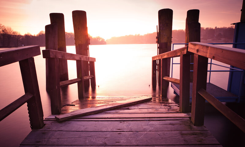 Wooden Dock at Sunset — Purple, Serene