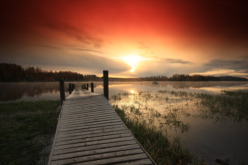 Wooden Dock at Sunset — Red