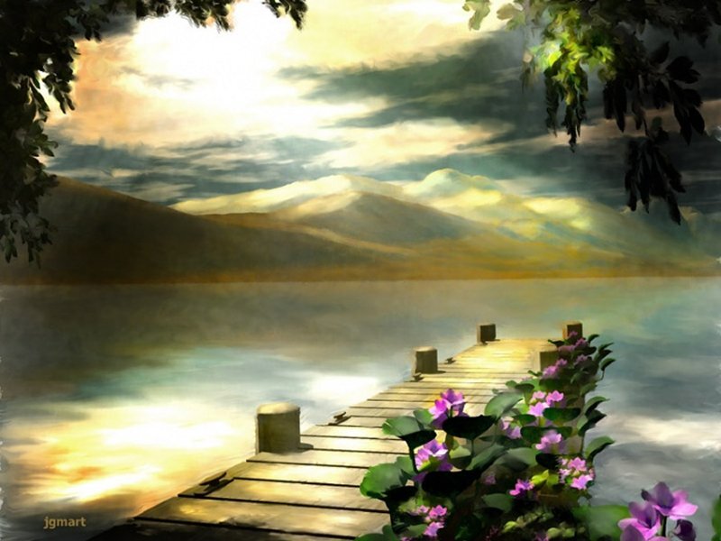 Wooden Dock by Lake — Green, Serene, Sunset