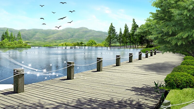Wooden Dock by Lake — Green, Serene