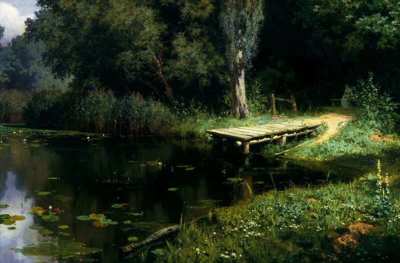 Wooden Dock by Pond — Green, Serene