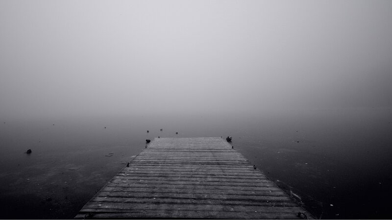 Wooden Dock in Fog — Black, Somber, Photograph
