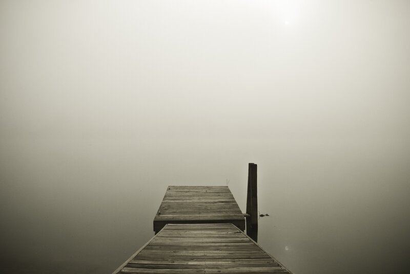 Wooden Dock in Fog — Gray, Serene