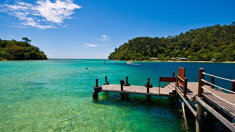 Wooden Dock in Turquoise Water — Blue, Serene, Afternoon, Photograph, Boat