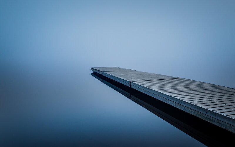 Wooden Dock on Calm Water — Blue, Serene