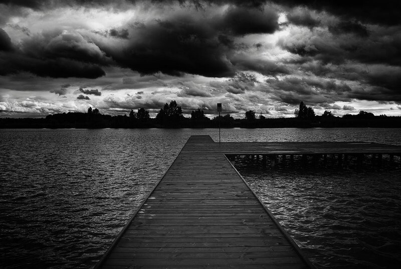 Wooden Dock on Lake — Black, Dramatic, Photograph