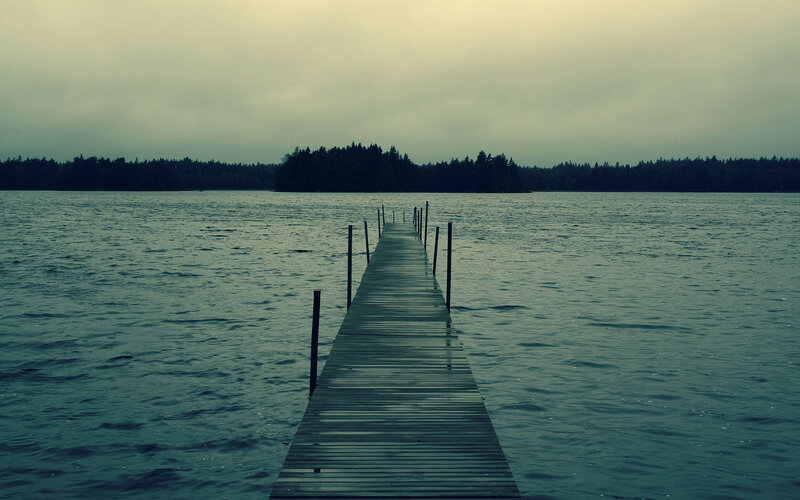 Wooden Dock on Lake — Blue, Calm, Morning, Photograph, Forest