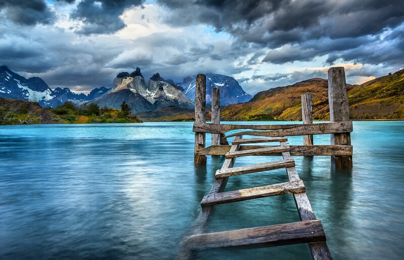 Wooden Dock on Lake — Blue, Dramatic, Afternoon
