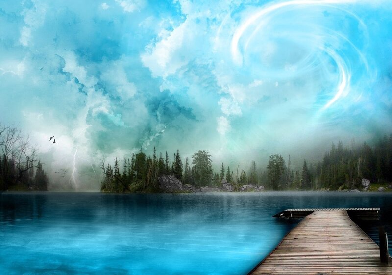 Wooden Dock on Lake — Blue, Dramatic, Digital Art