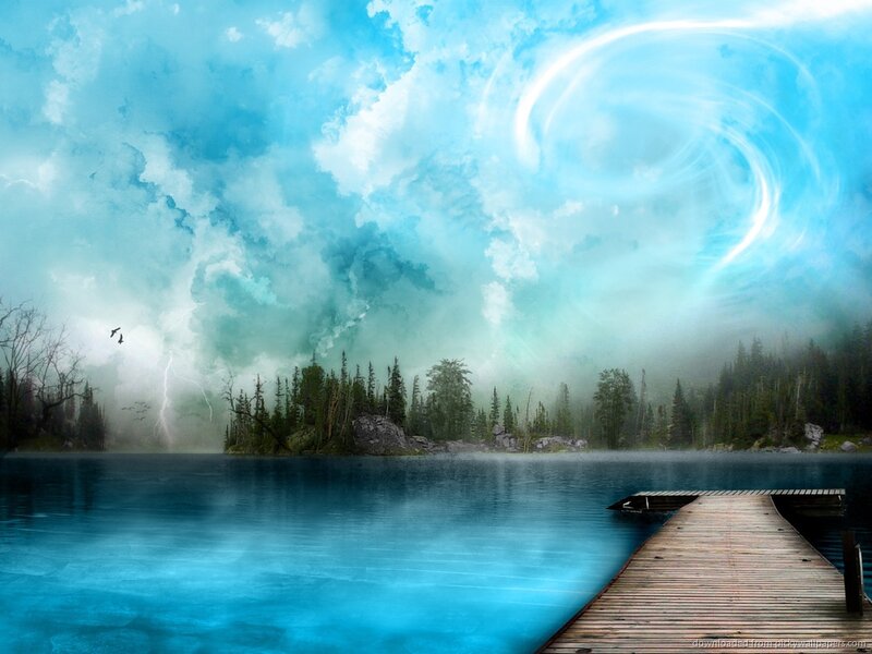 Wooden Dock on Lake — Blue, Dramatic, Digital Art, Trees, Clouds, Lightning