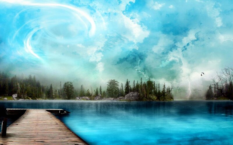 Wooden Dock on Lake — Blue, Dramatic, Digital Art, Trees, Clouds