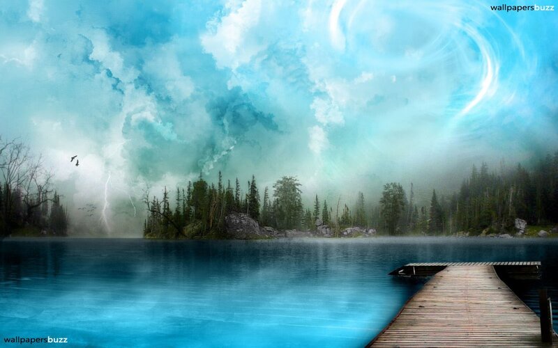 Wooden Dock on Lake — Blue, Dramatic, Digital Art, Trees