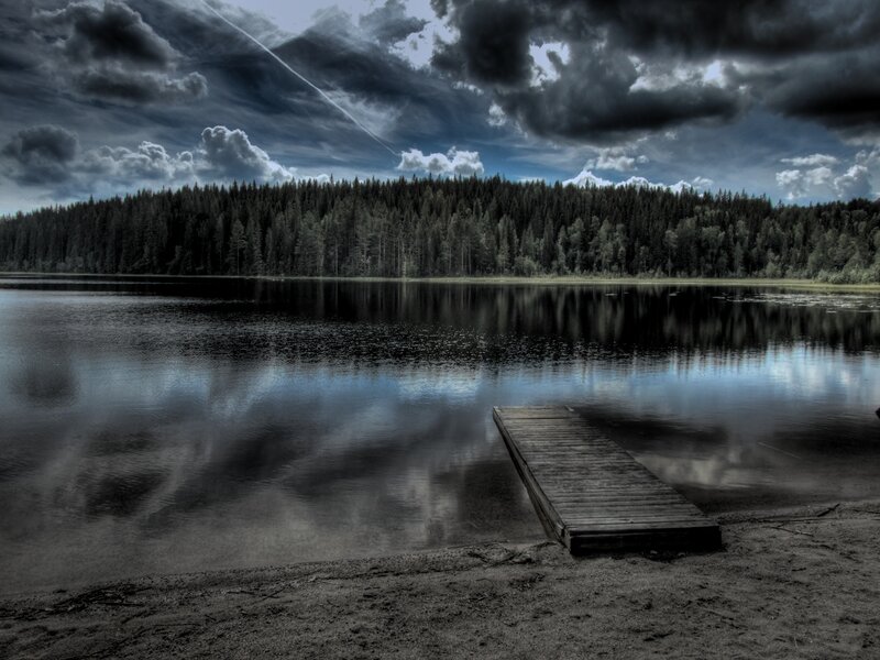 Wooden Dock on Lake — Blue, Dramatic, Photograph