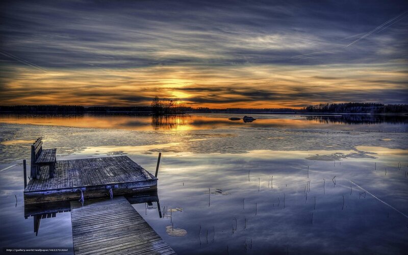 Wooden Dock on Lake — Blue, Dramatic, Sunset, Photograph, Bench