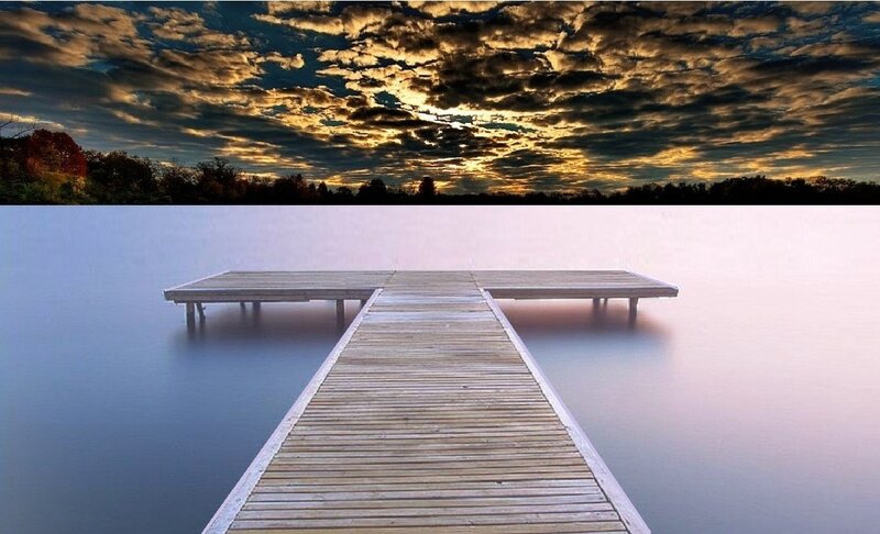 Wooden Dock on Lake — Blue, Dramatic, Sunset, Photograph, Clouds