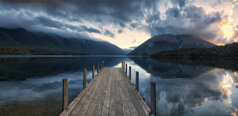 Wooden Dock on Lake — Blue, Dramatic, Sunset, Photograph, Mountains, Clouds