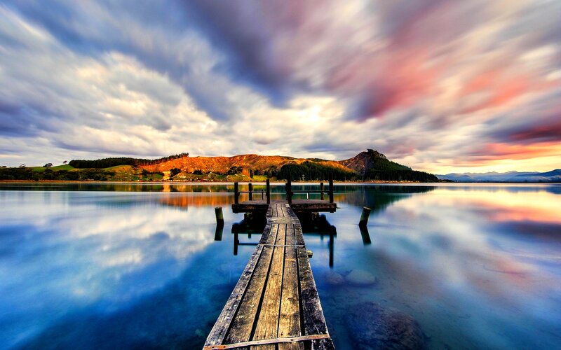 Wooden Dock on Lake — Blue, Dramatic, Sunset, Photograph