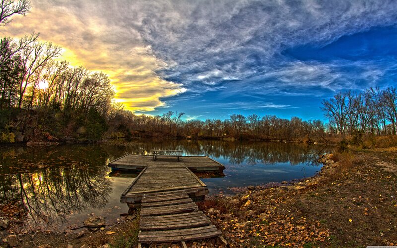 Wooden Dock on Lake — Blue, Dramatic, Sunset, Photograph, Trees