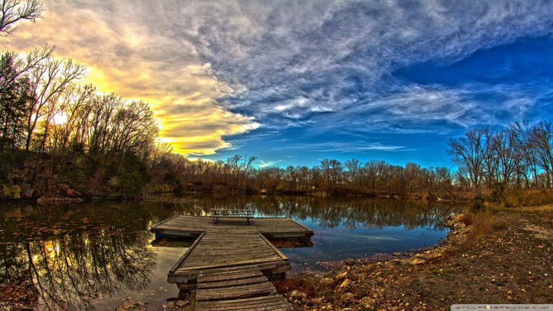 Wooden Dock on Lake — Blue, Dramatic, Sunset