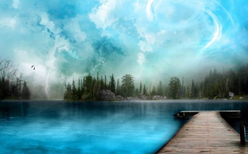 Wooden Dock on Lake — Blue, Dramatic