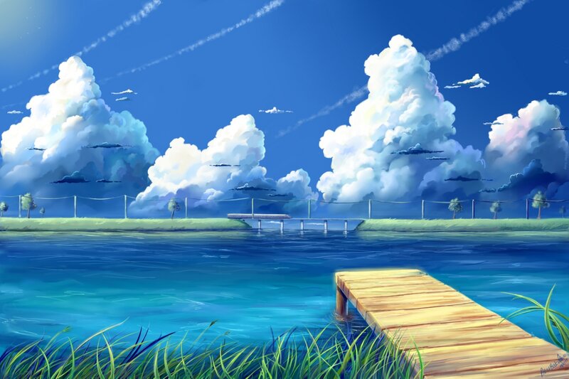 Wooden Dock on Lake — Blue, Serene, Afternoon, Digital Art