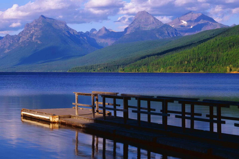 Wooden Dock on Lake — Blue, Serene, Afternoon, Photograph, Mountains, Forest