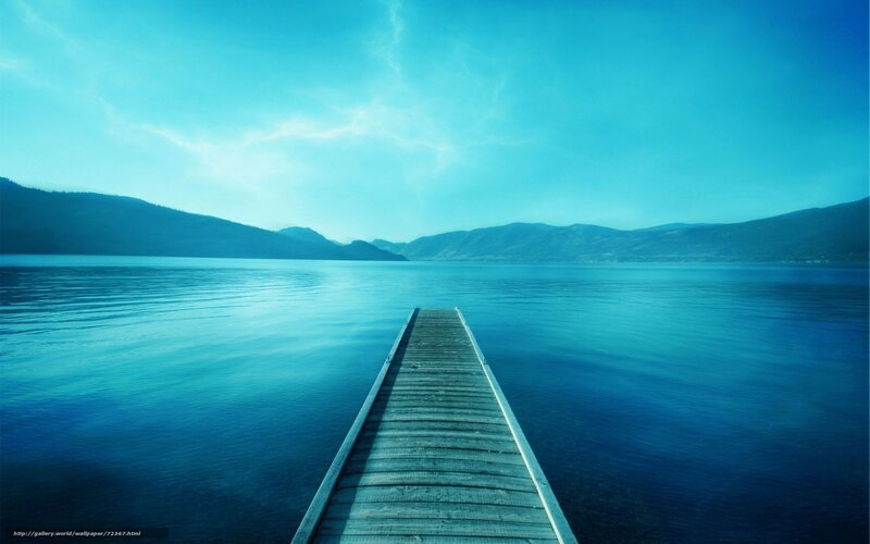 Wooden Dock on Lake — Blue, Serene, Afternoon, Photograph, Mountains