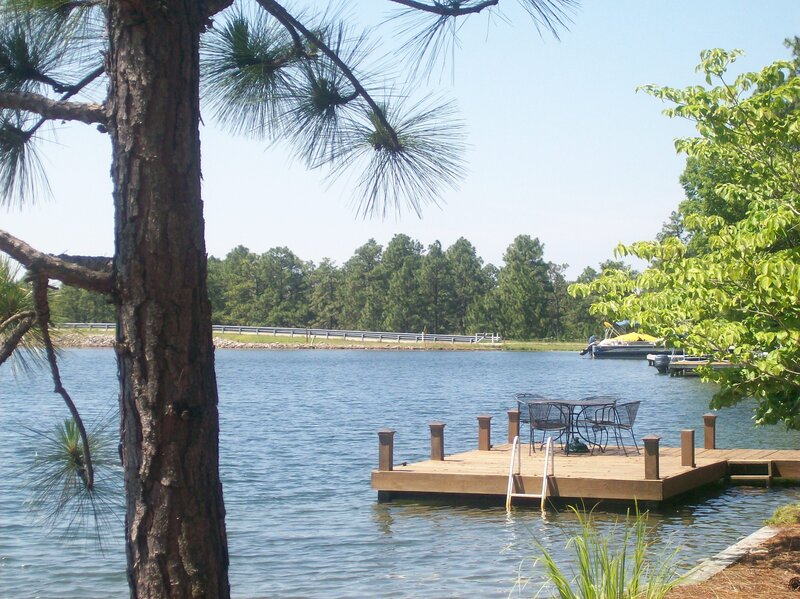 Wooden Dock on Lake — Blue, Serene, Afternoon, Photograph, Tree, Boat