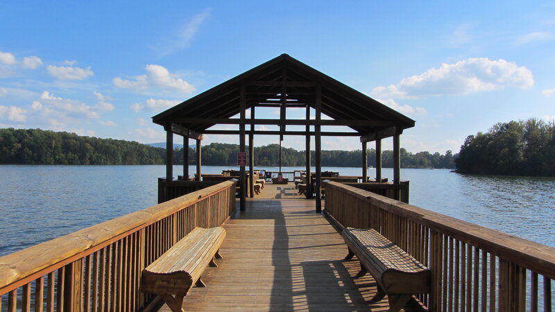 Wooden Dock on Lake — Blue, Serene, Afternoon, Photograph, Trees, Bench