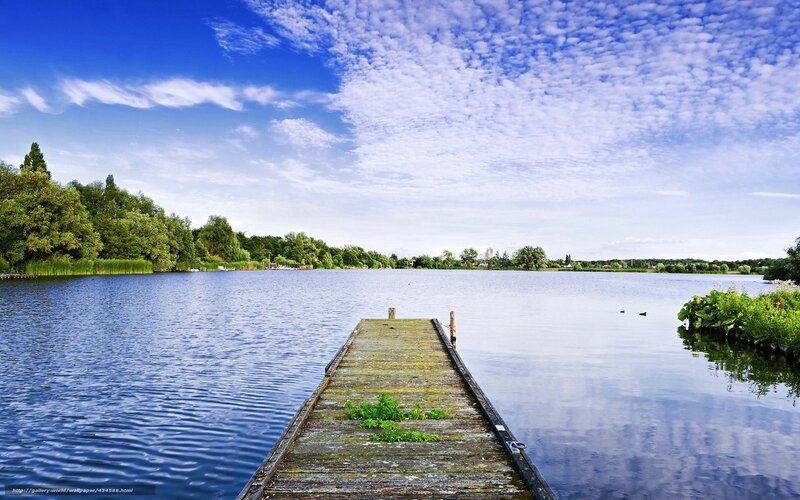 Wooden Dock on Lake — Blue, Serene, Afternoon, Photograph, Trees, Clouds