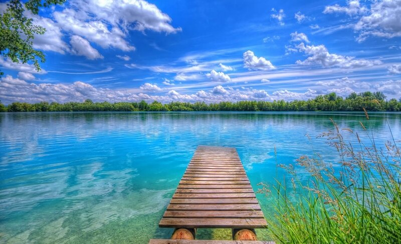 Wooden Dock on Lake — Blue, Serene, Afternoon, Photograph, Trees