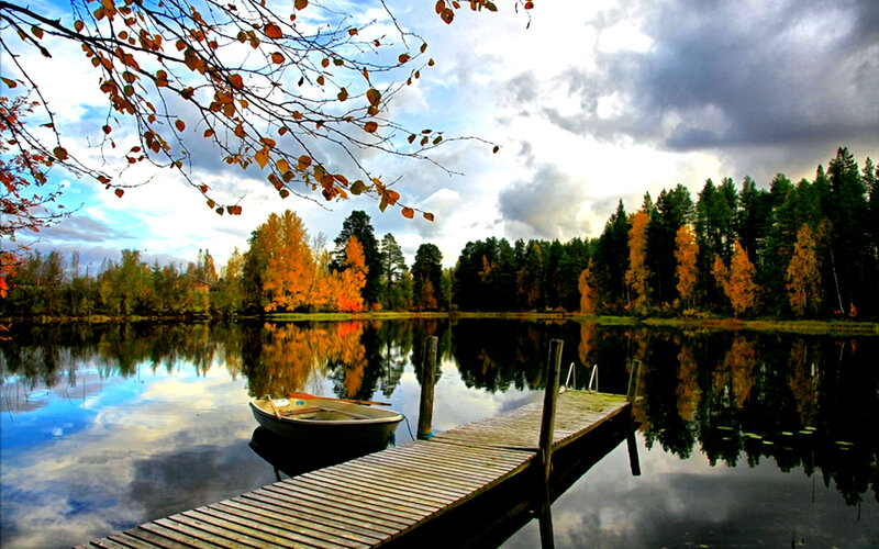 Wooden Dock on Lake — Blue, Serene, Autumn, Photograph