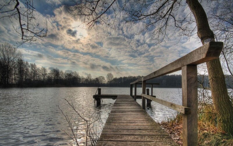 Wooden Dock on Lake — Blue, Serene, Autumn, Photograph, Tree