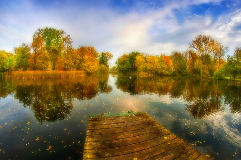 Wooden Dock on Lake — Blue, Serene, Autumn, Photograph, Trees, Reflection, Sky
