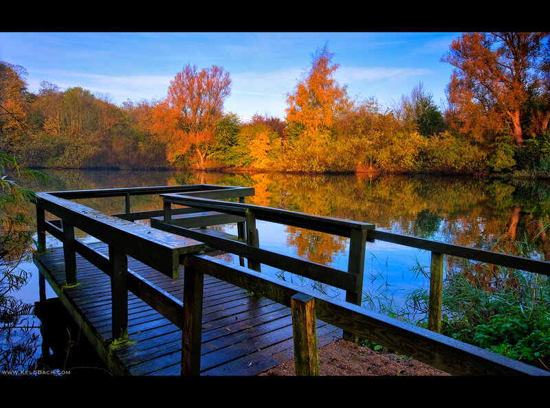Wooden Dock on Lake — Blue, Serene, Autumn, Photograph, Trees
