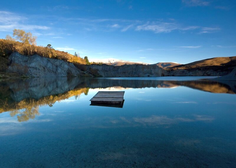 Wooden Dock on Lake — Blue, Serene, Morning, Photograph, Cliffs, Mountains