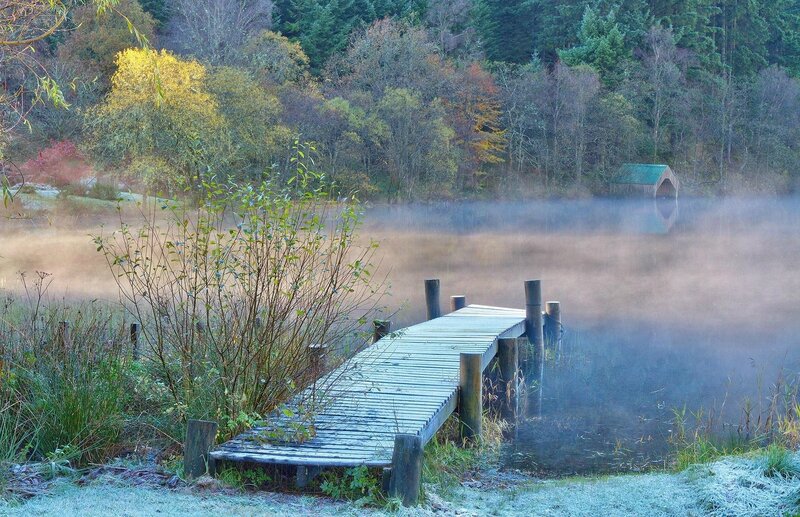 Wooden Dock on Lake — Blue, Serene, Morning, Photograph, Mist