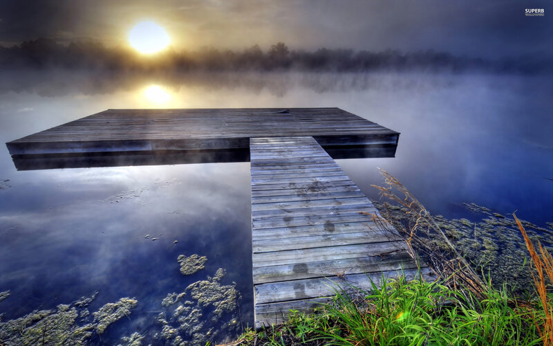 Wooden Dock on Lake — Blue, Serene, Morning, Photograph, Sun