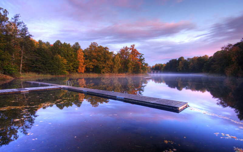 Wooden Dock on Lake — Blue, Serene, Morning, Photograph