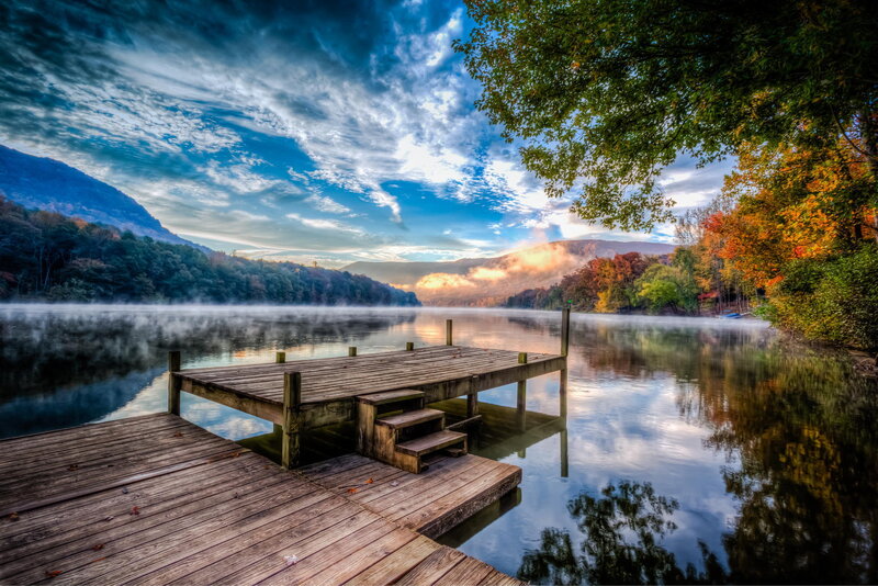 Wooden Dock on Lake — Blue, Serene, Morning, Photograph, Trees, Mountains