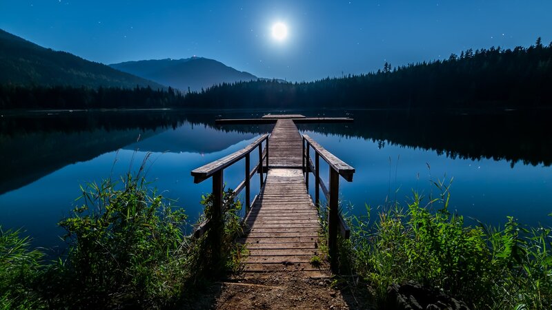 Wooden Dock on Lake — Blue, Serene, Night, Photograph, Moon