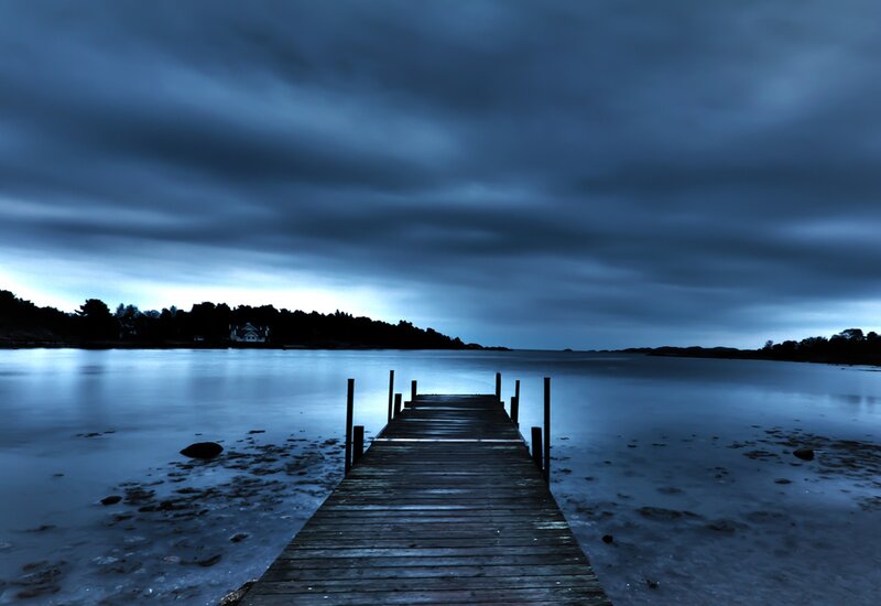 Wooden Dock on Lake — Blue, Serene, Night, Photograph