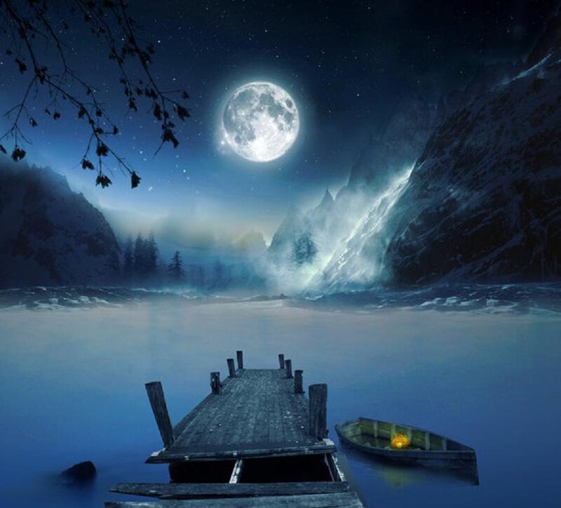 Wooden Dock on Lake — Blue, Serene, Night