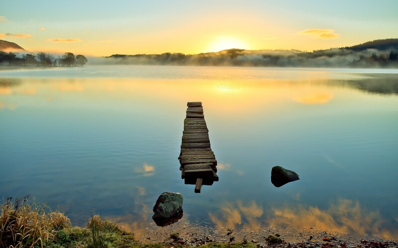 Wooden Dock on Lake — Blue, Serene, Sunrise, Photograph, Mist