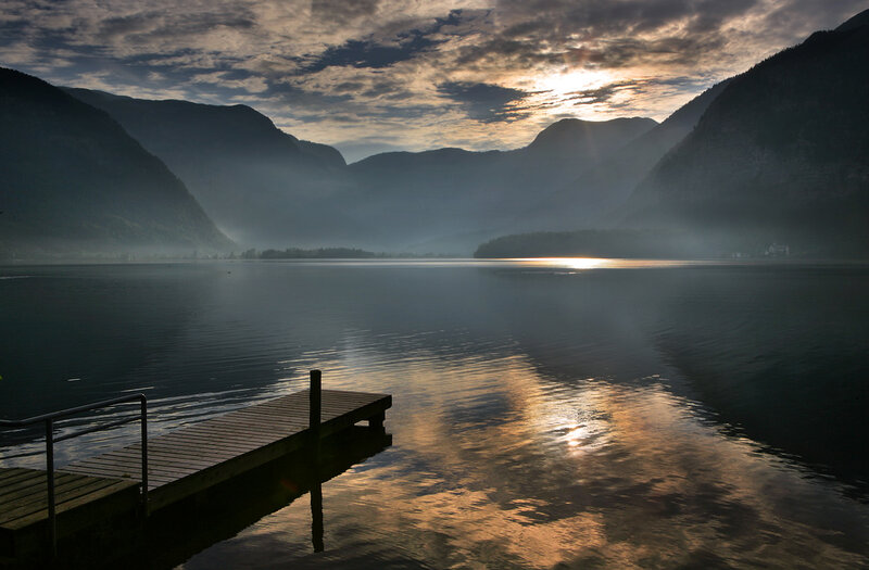 Wooden Dock on Lake — Blue, Serene, Sunrise, Photograph