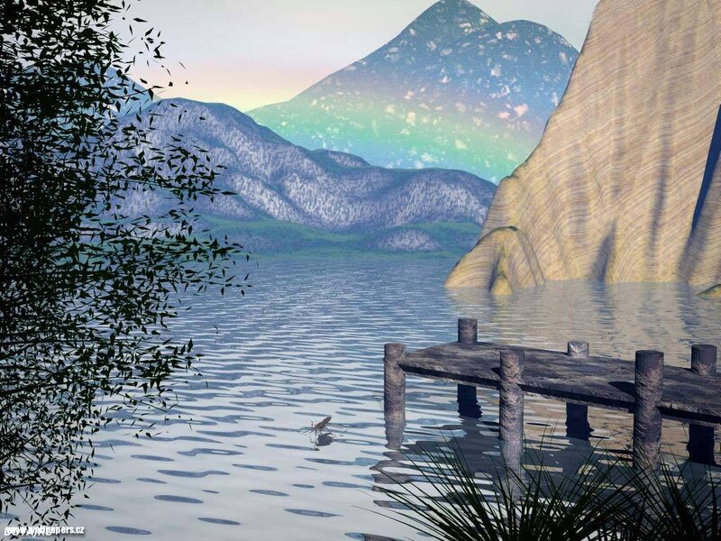 Wooden Dock on Lake — Blue, Serene, Sunset, 3d Render