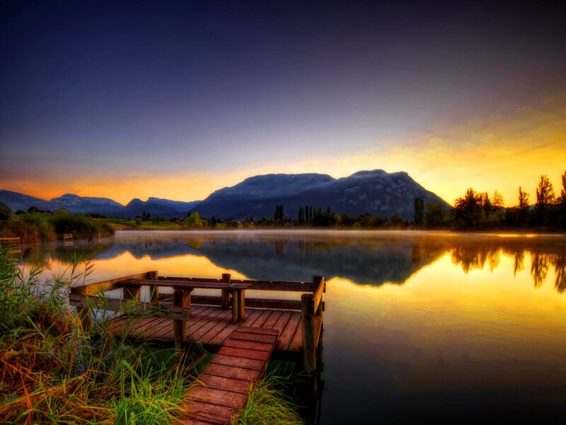 Wooden Dock on Lake — Blue, Serene, Sunset, Photograph, Mountains
