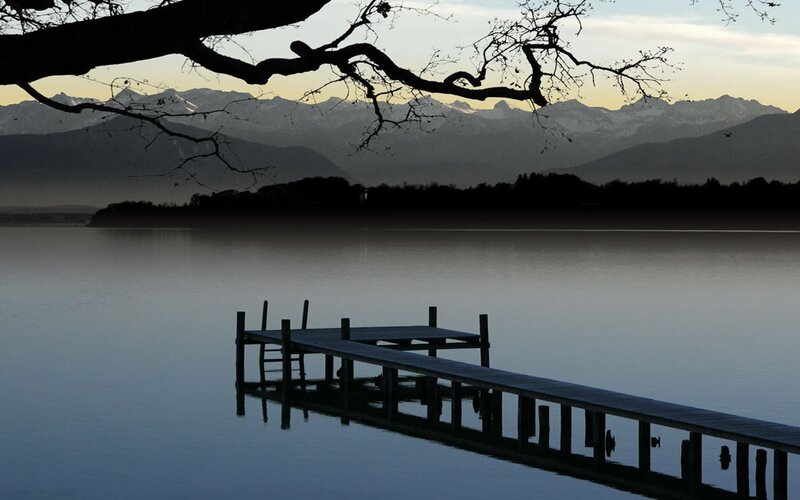 Wooden Dock on Lake — Blue, Serene, Sunset, Photograph, Mountains, Tree Branch